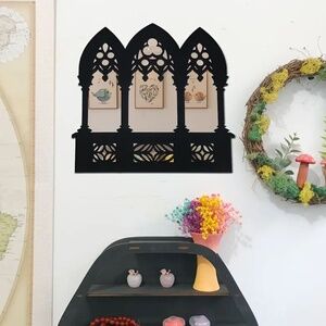 NEW! Ebony Black Gothic Baroque Style Wooden Wall Mounted Mirror with 3 Arches!
